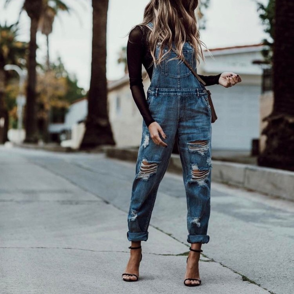 Honey Punch Blue Distressed Denim Overalls